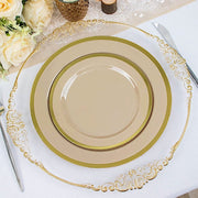 10 Round Plastic Salad Plates with Gold Rim - Disposable Tableware