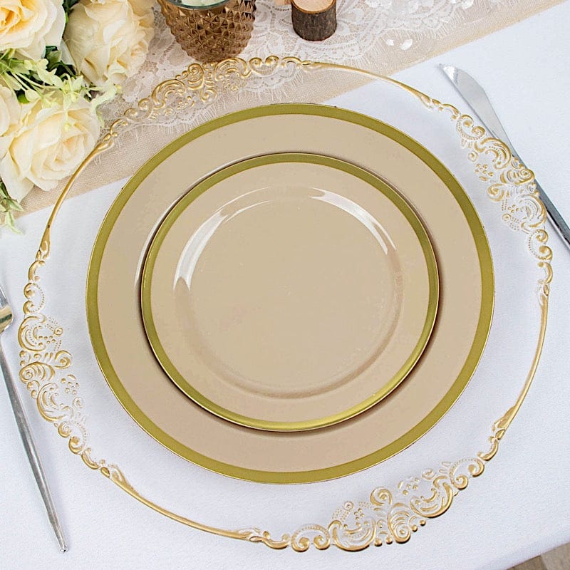 10 Round Plastic Salad Plates with Gold Rim - Disposable Tableware