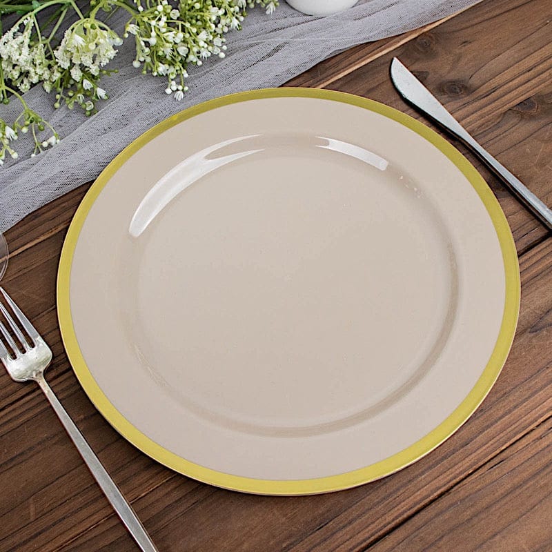 10 Round Plastic Salad Plates with Gold Rim - Disposable Tableware