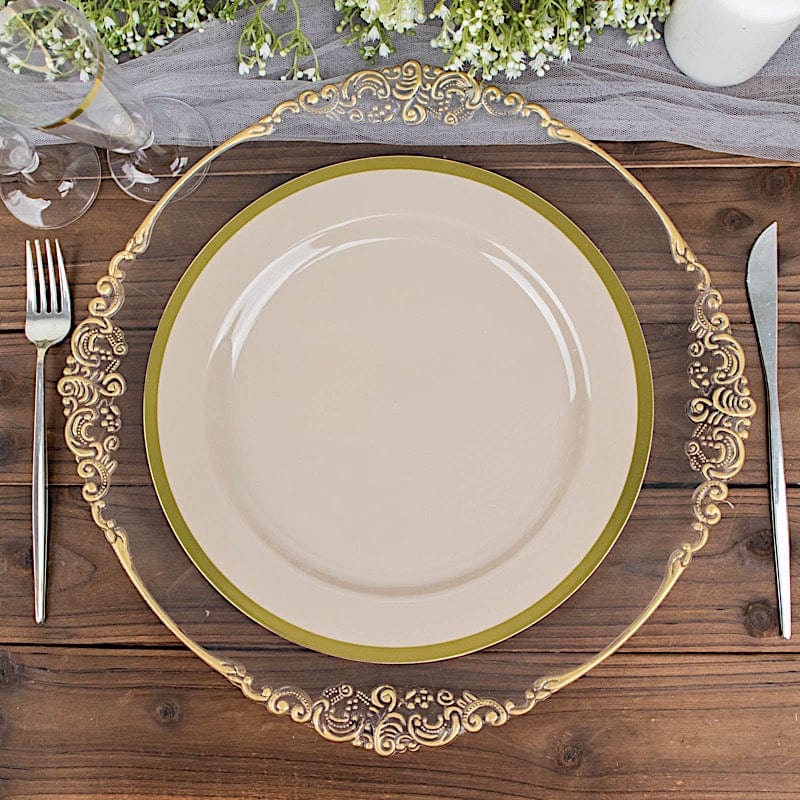 10 Round Plastic Salad Plates with Gold Rim - Disposable Tableware