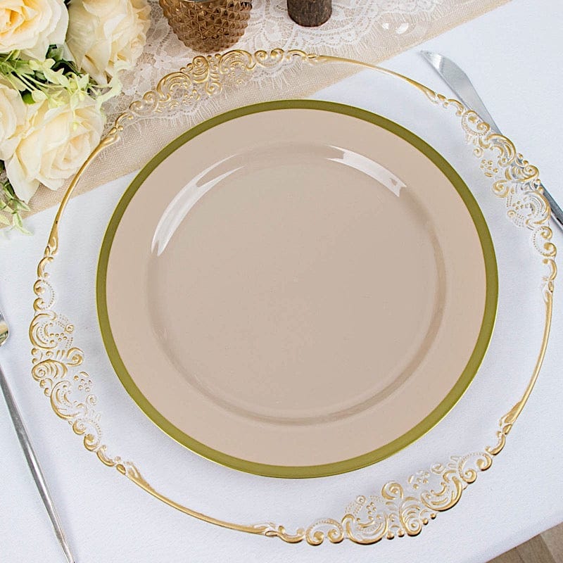 10 Round Plastic Salad Plates with Gold Rim - Disposable Tableware