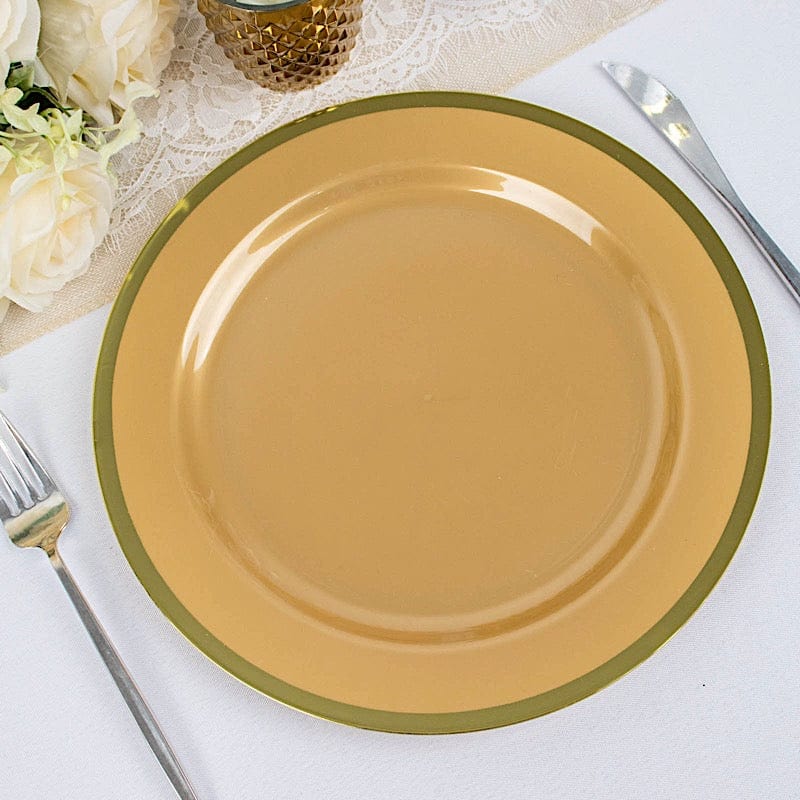 10 Round Plastic Salad Plates with Gold Rim - Disposable Tableware