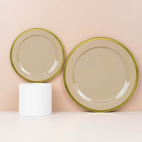 10 Round Plastic Salad Plates with Gold Rim - Disposable Tableware