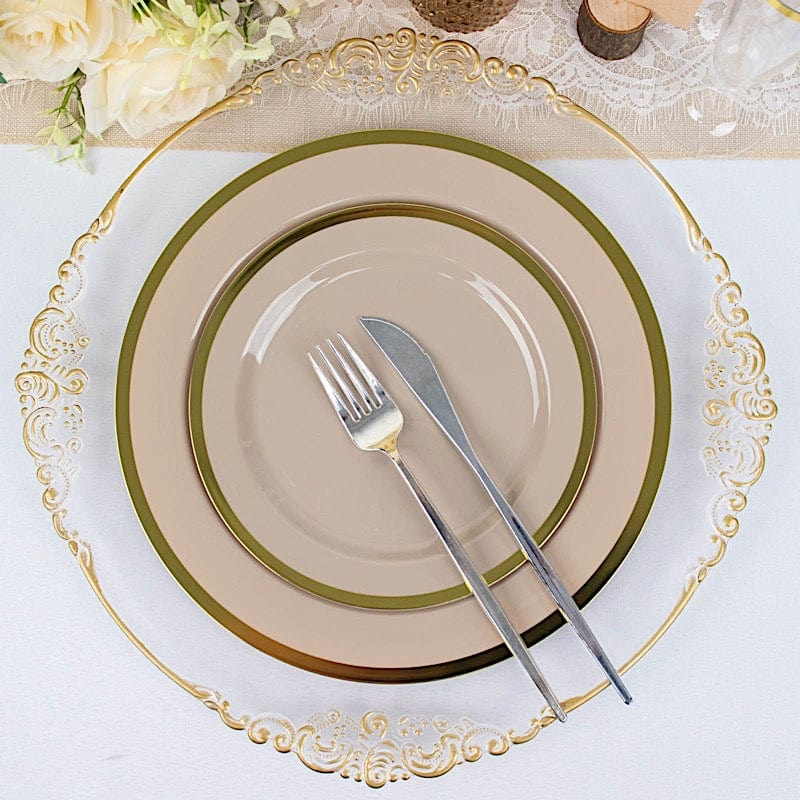 10 Round Plastic Salad Plates with Gold Rim - Disposable Tableware