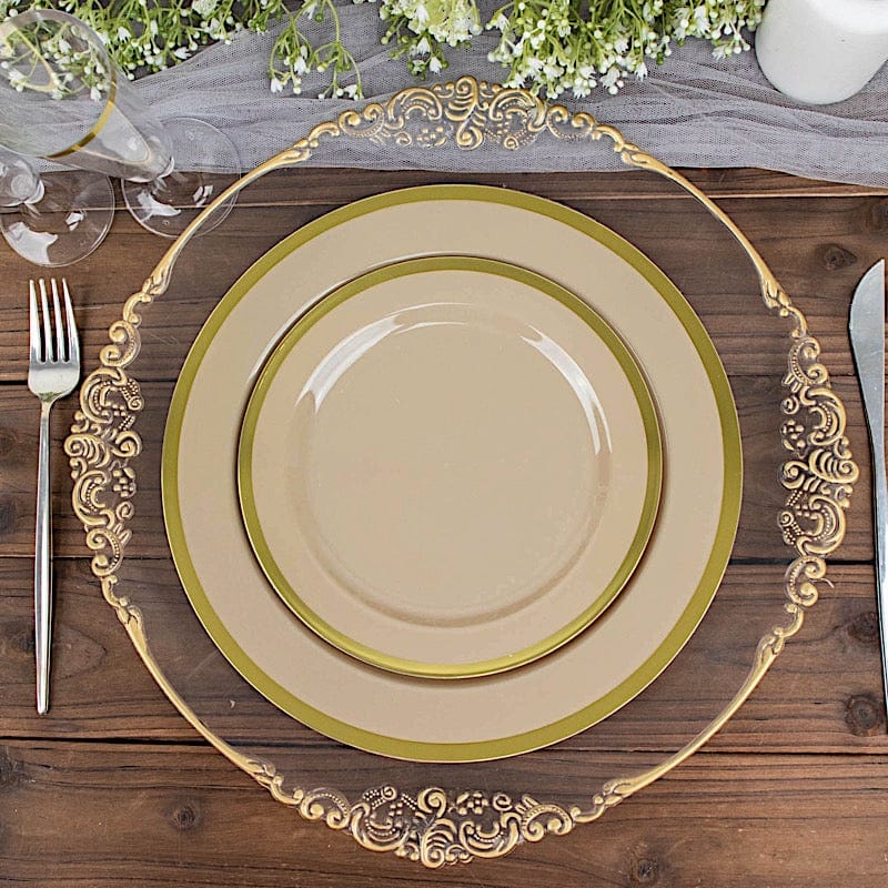 10 Round Plastic Salad Plates with Gold Rim - Disposable Tableware