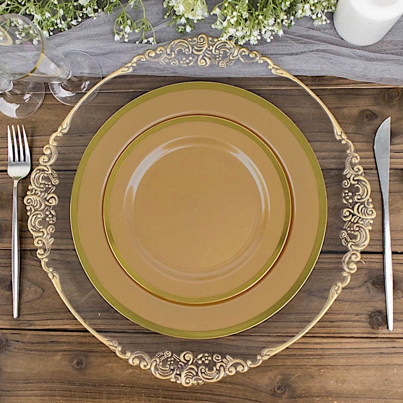 10 Round Plastic Salad Plates with Gold Rim - Disposable Tableware
