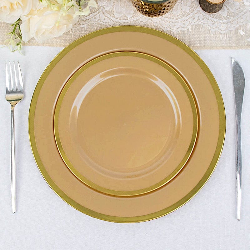 10 Round Plastic Salad Plates with Gold Rim - Disposable Tableware