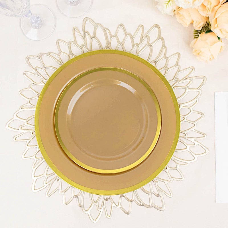 10 Round Plastic Salad Plates with Gold Rim - Disposable Tableware