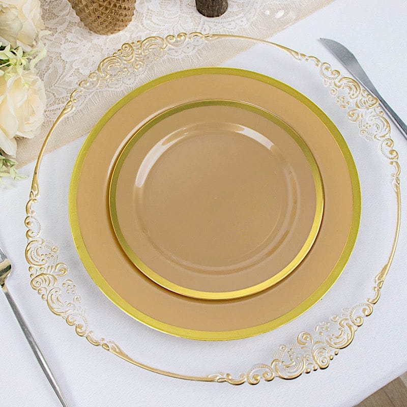 10 Round Plastic Salad Plates with Gold Rim - Disposable Tableware