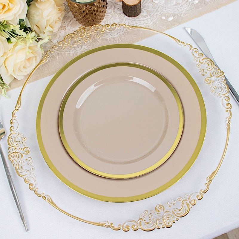 10 Round Plastic Salad Plates with Gold Rim - Disposable Tableware