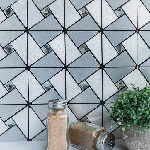 10 sq ft Brushed Metal Mosaic Tiles 3D Peel and Stick Wall Panels - Silver WLL_METAL02_SILV