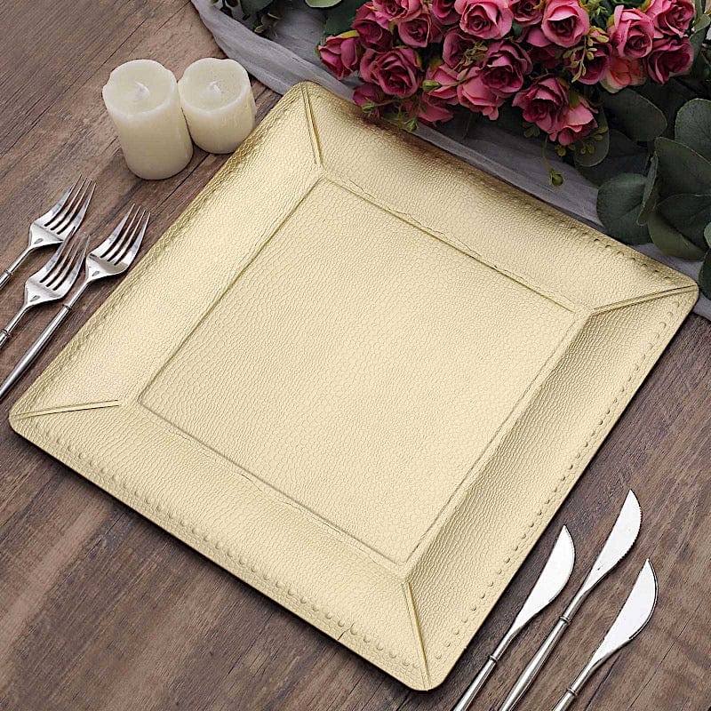 10 Square 13" Disposable Paper Charger Plates with Leathery Textured Design