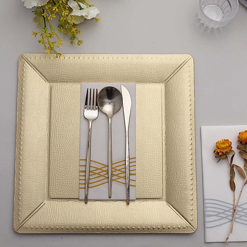 10 Square 13" Disposable Paper Charger Plates with Leathery Textured Design