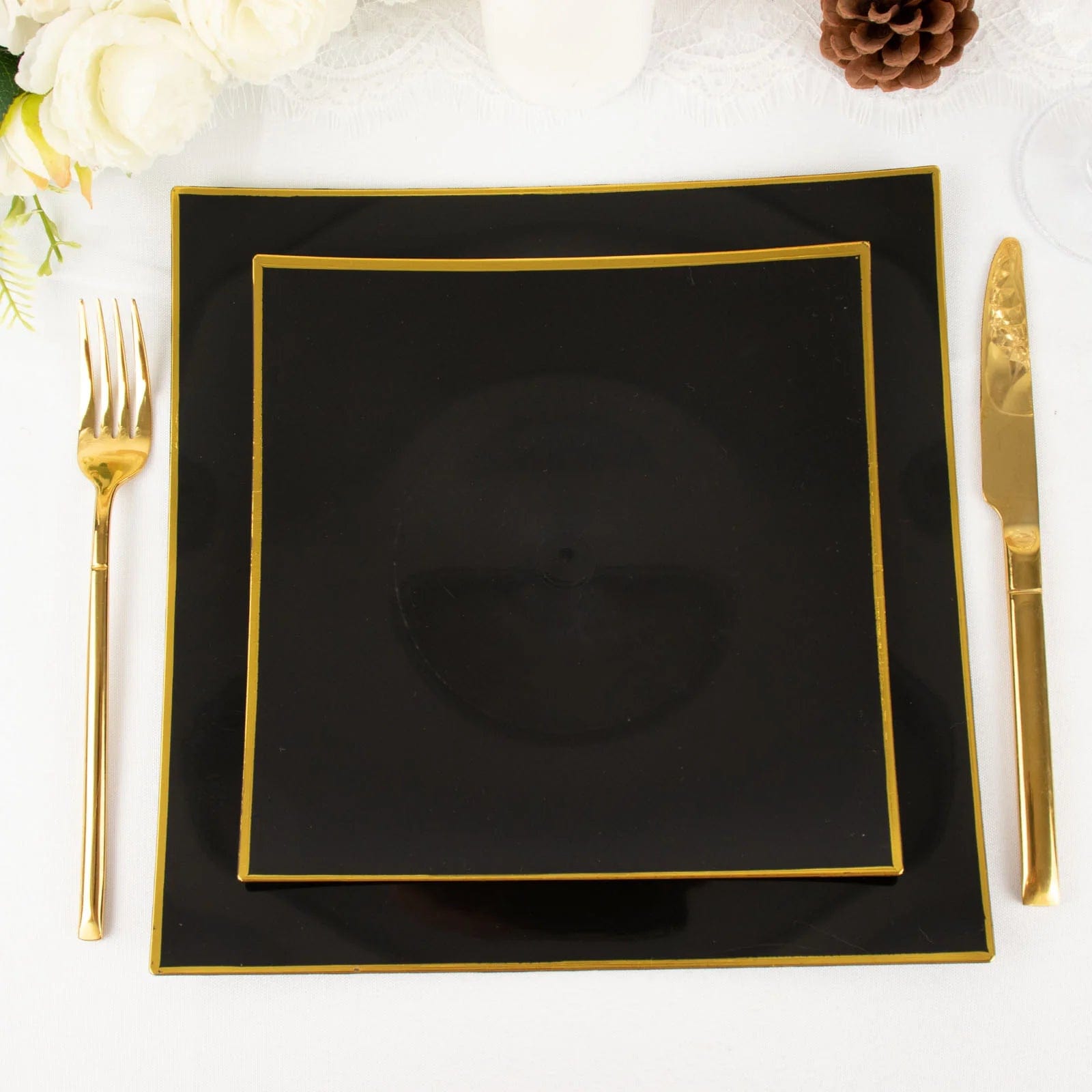 10 Square Concave Plastic Salad and Dinner Plates with Gold Rim - Disposable Tableware