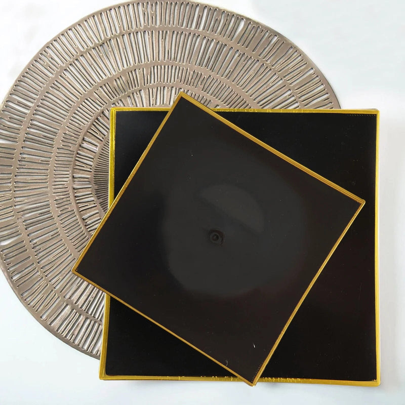 10 Square Concave Plastic Salad and Dinner Plates with Gold Rim - Disposable Tableware
