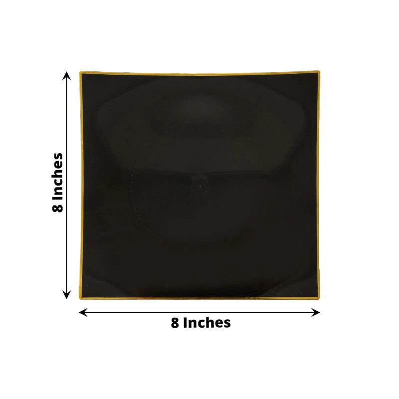 10 Square Concave Plastic Salad and Dinner Plates with Gold Rim - Disposable Tableware