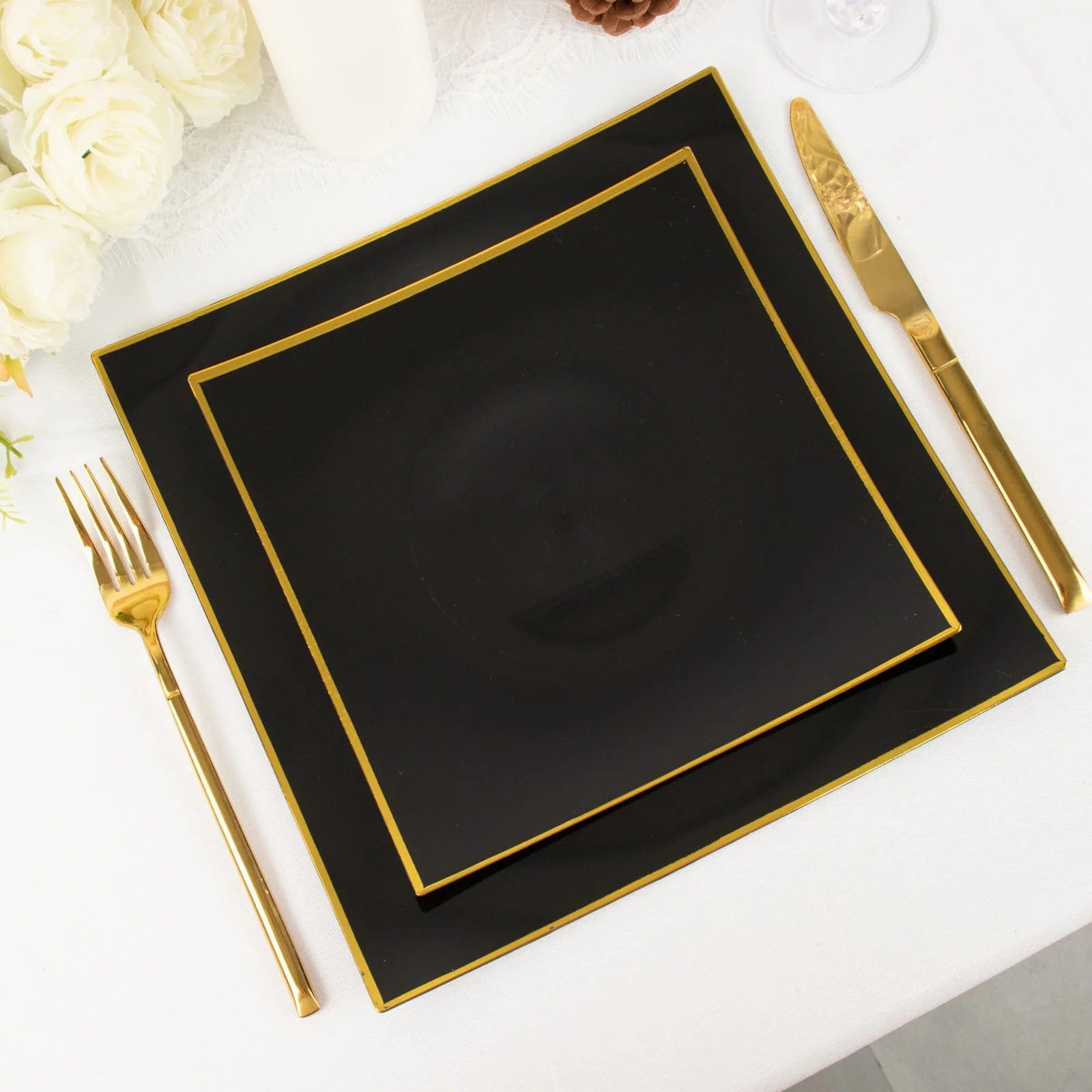 10 Square Concave Plastic Salad and Dinner Plates with Gold Rim - Disposable Tableware