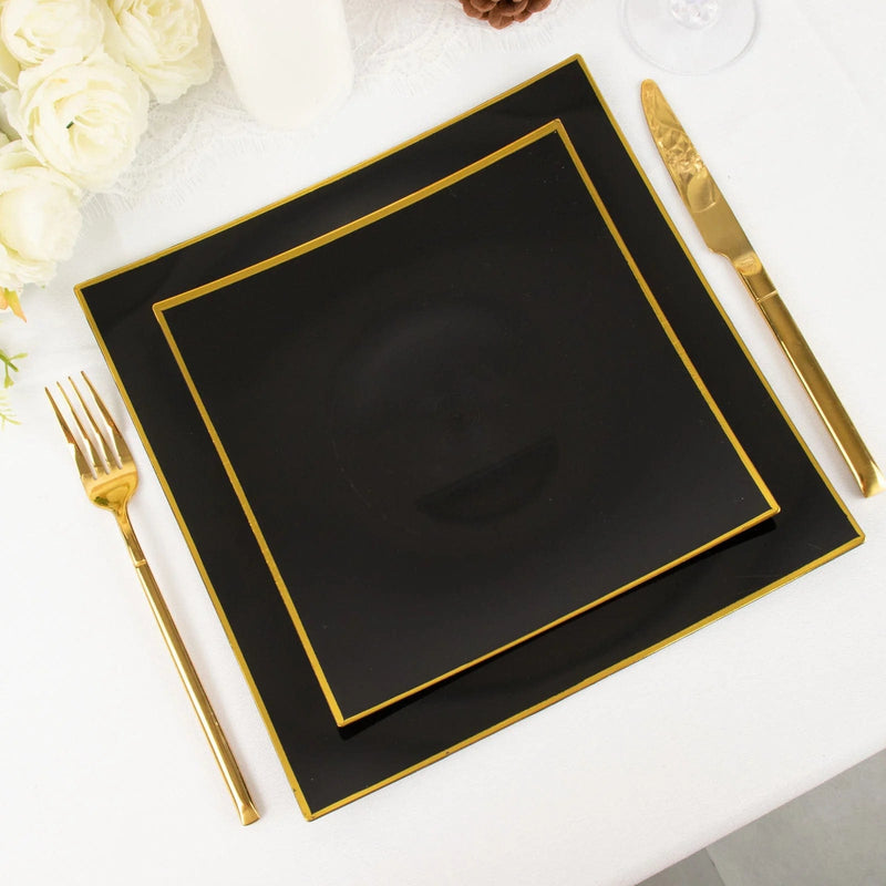 10 Square Concave Plastic Salad and Dinner Plates with Gold Rim - Disposable Tableware