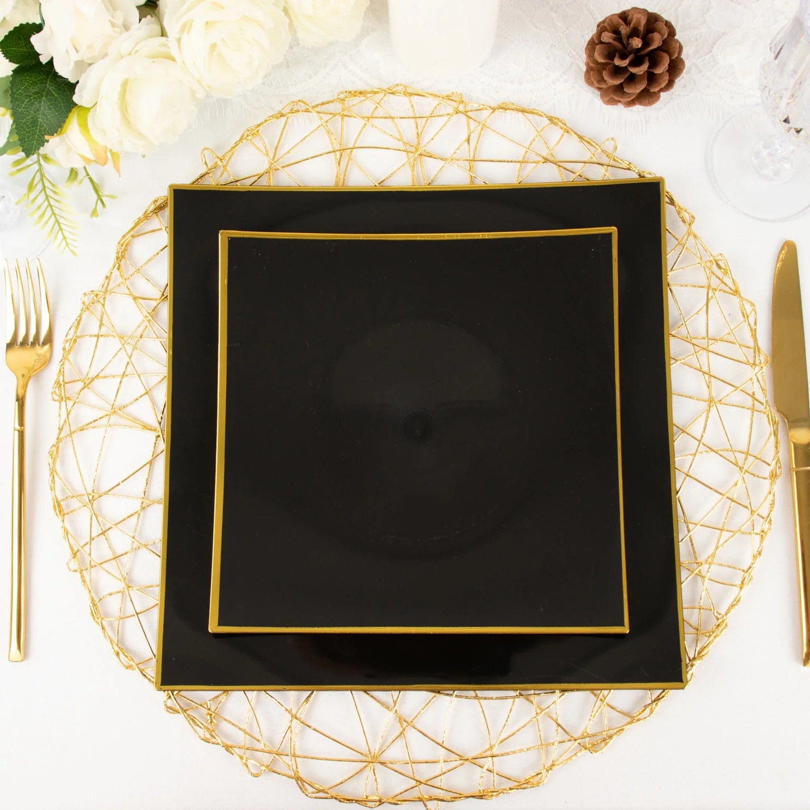 10 Square Concave Plastic Salad and Dinner Plates with Gold Rim - Disposable Tableware