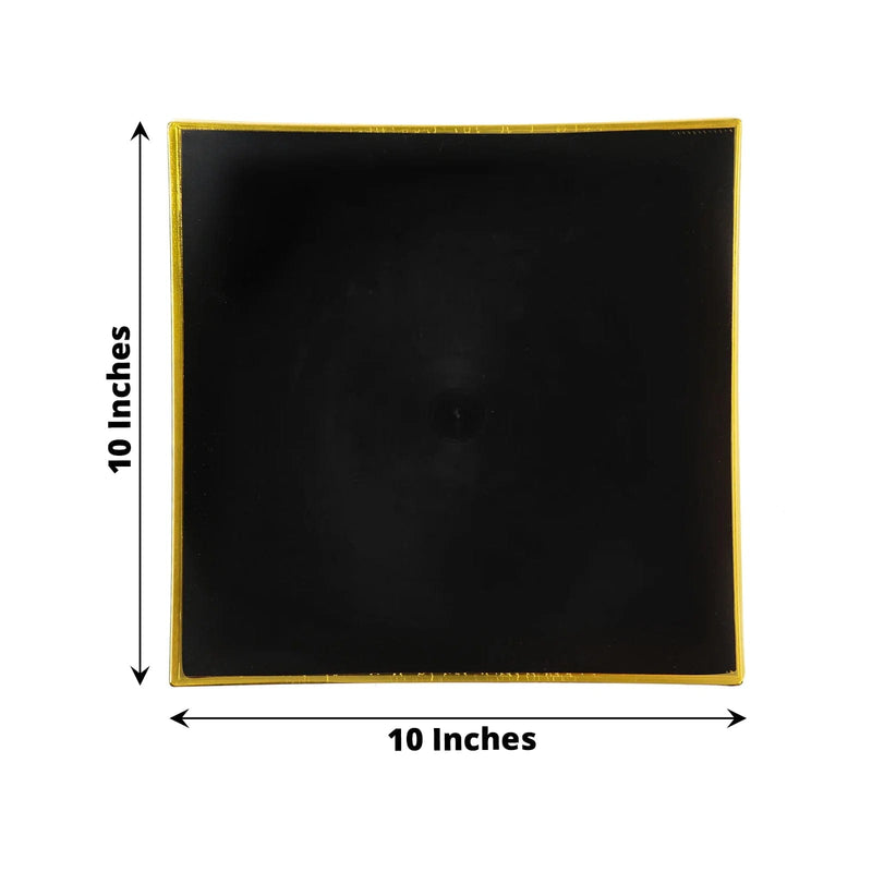 10 Square Concave Plastic Salad and Dinner Plates with Gold Rim - Disposable Tableware