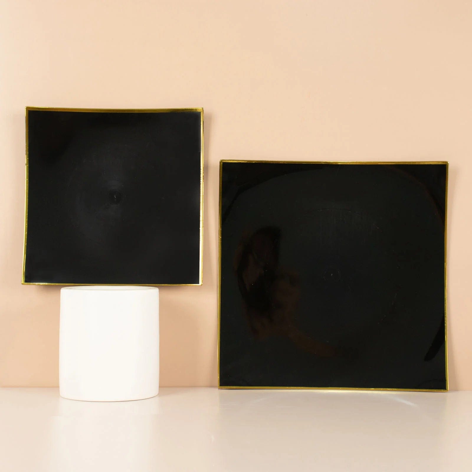 10 Square Concave Plastic Salad and Dinner Plates with Gold Rim - Disposable Tableware