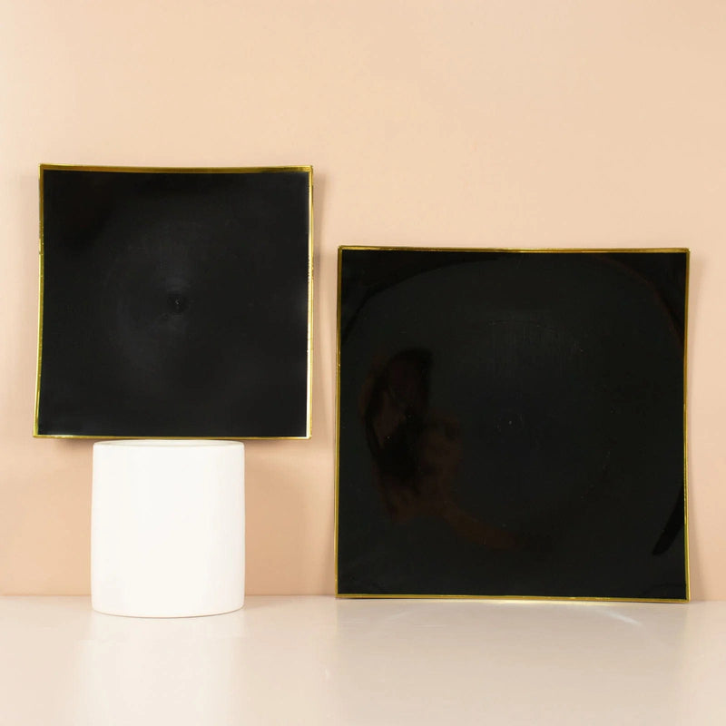 10 Square Concave Plastic Salad and Dinner Plates with Gold Rim - Disposable Tableware