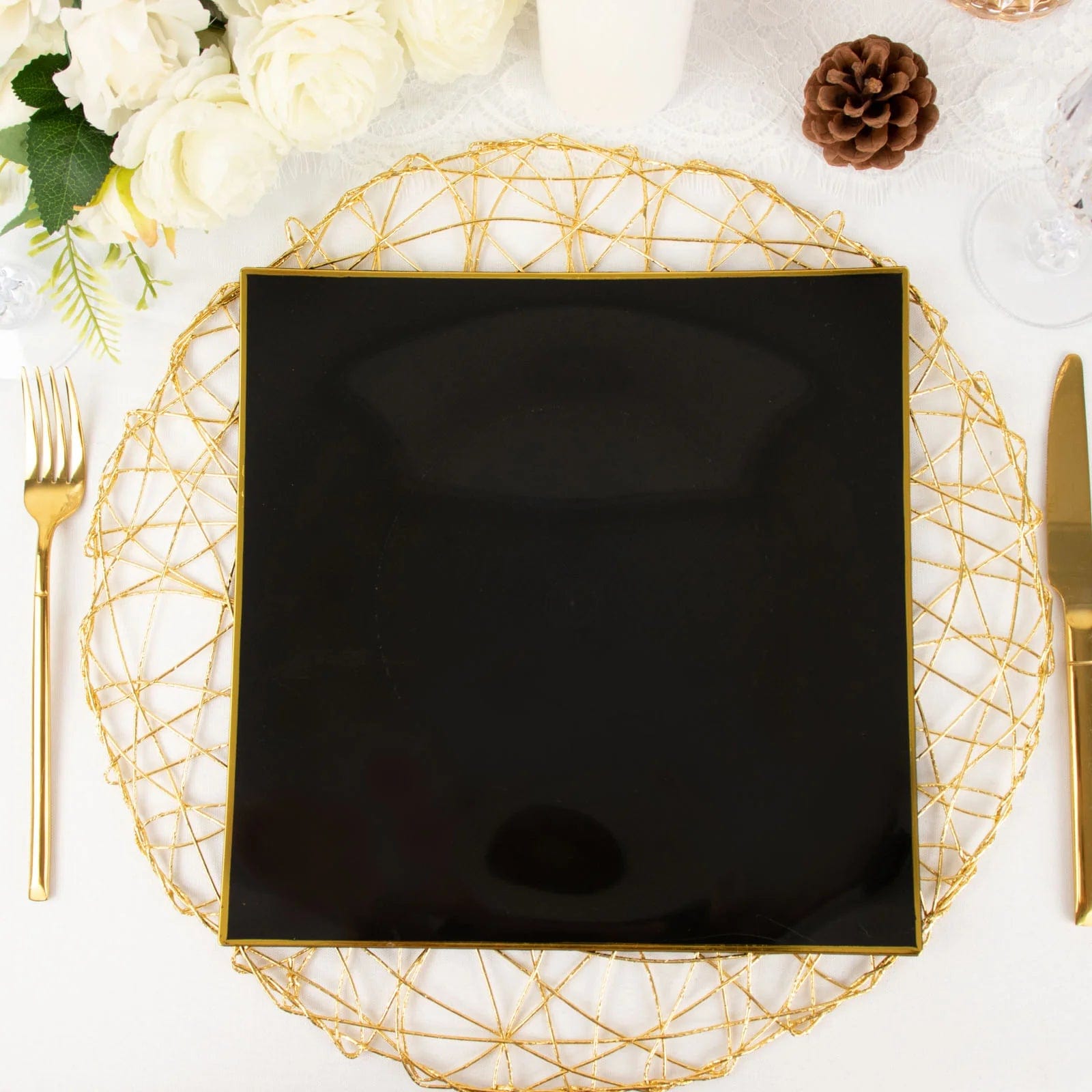 10 Square Concave Plastic Salad and Dinner Plates with Gold Rim - Disposable Tableware
