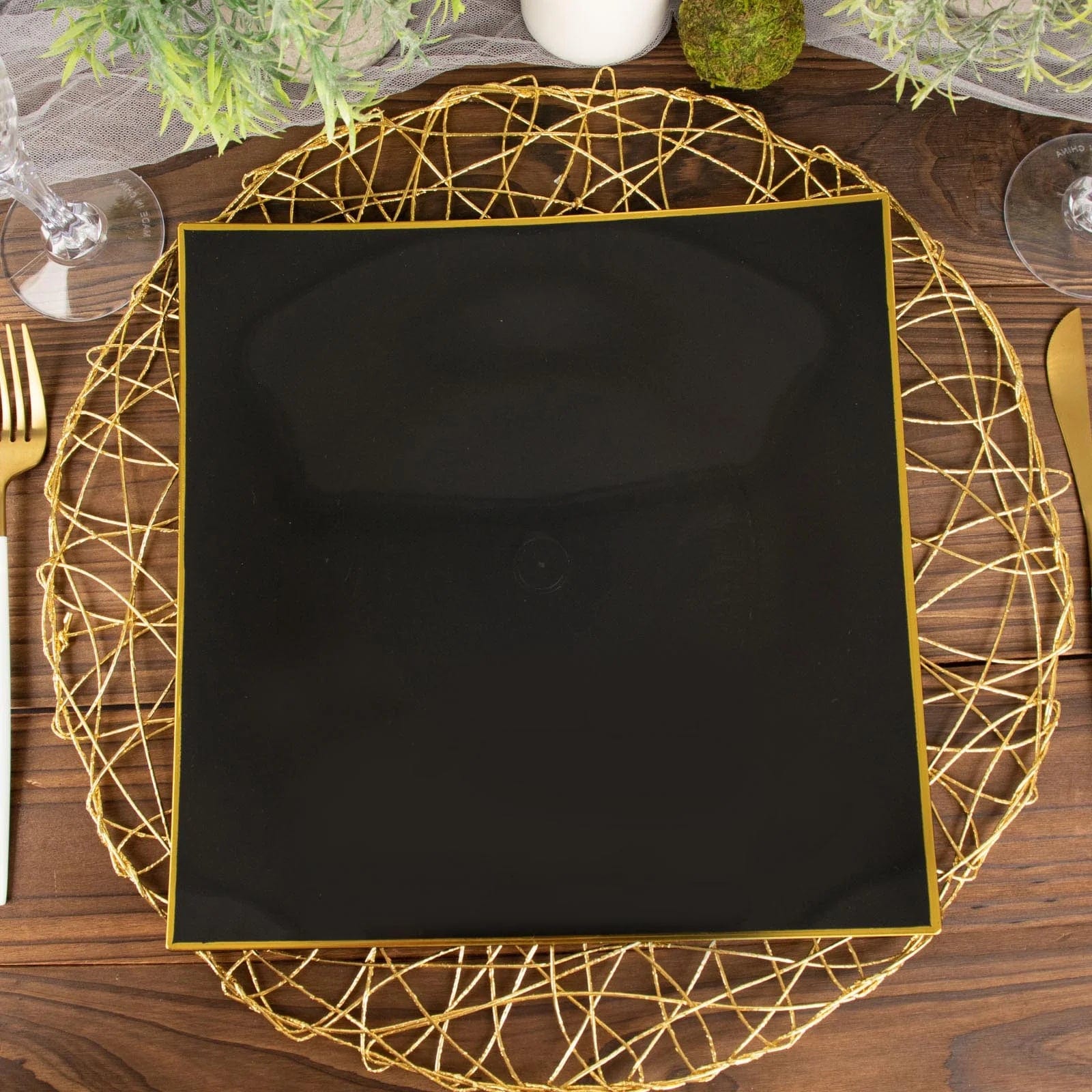 10 Square Concave Plastic Salad and Dinner Plates with Gold Rim - Disposable Tableware