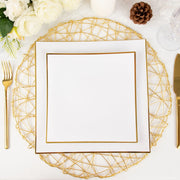 10 Square Concave Plastic Salad and Dinner Plates with Gold Rim - Disposable Tableware
