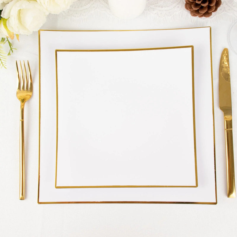 10 Square Concave Plastic Salad and Dinner Plates with Gold Rim - Disposable Tableware