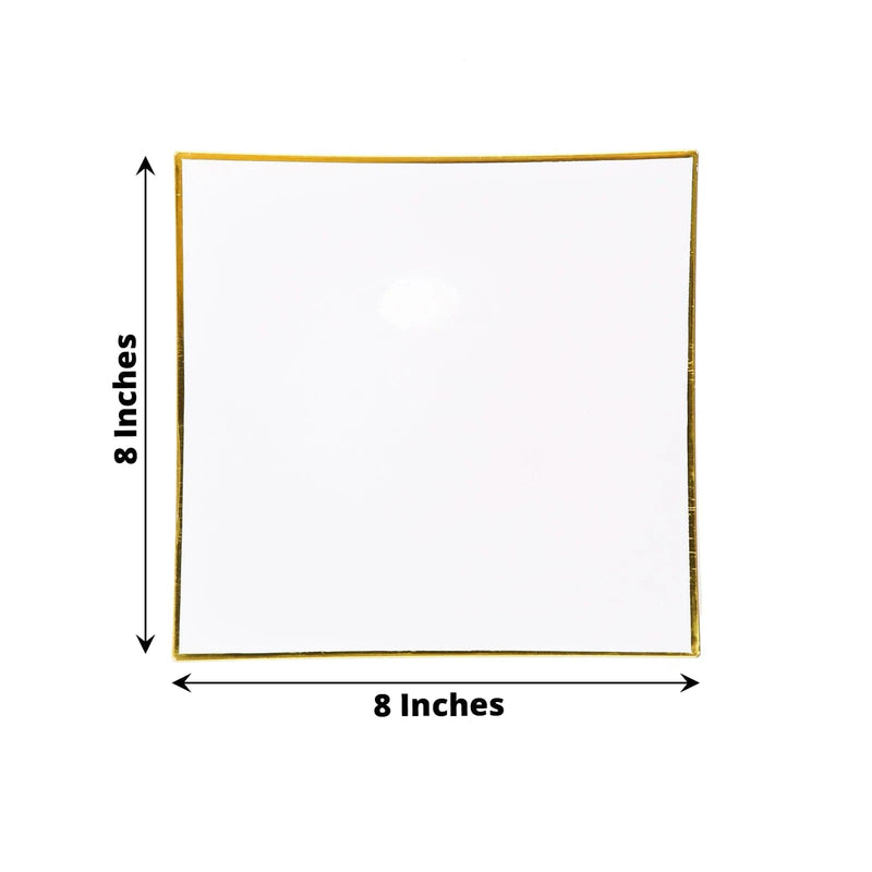 10 Square Concave Plastic Salad and Dinner Plates with Gold Rim - Disposable Tableware