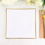 10 Square Concave Plastic Salad and Dinner Plates with Gold Rim - Disposable Tableware