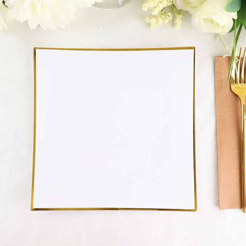 10 Square Concave Plastic Salad and Dinner Plates with Gold Rim - Disposable Tableware