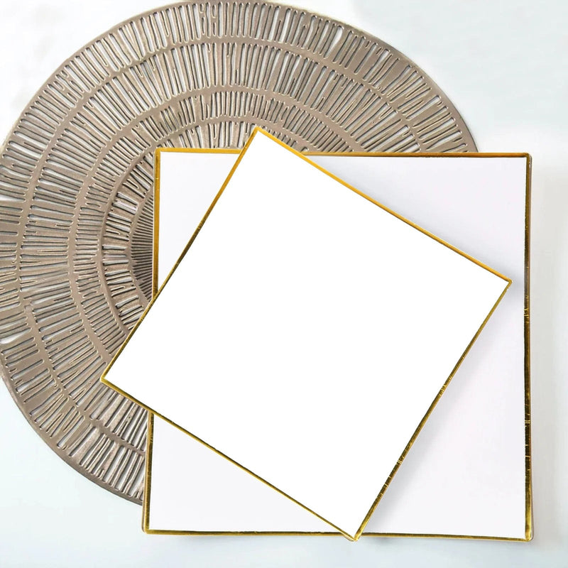 10 Square Concave Plastic Salad and Dinner Plates with Gold Rim - Disposable Tableware