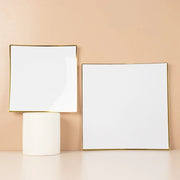 10 Square Concave Plastic Salad and Dinner Plates with Gold Rim - Disposable Tableware