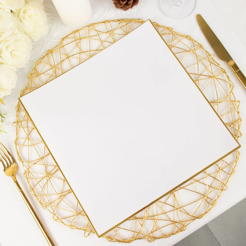 10 Square Concave Plastic Salad and Dinner Plates with Gold Rim - Disposable Tableware