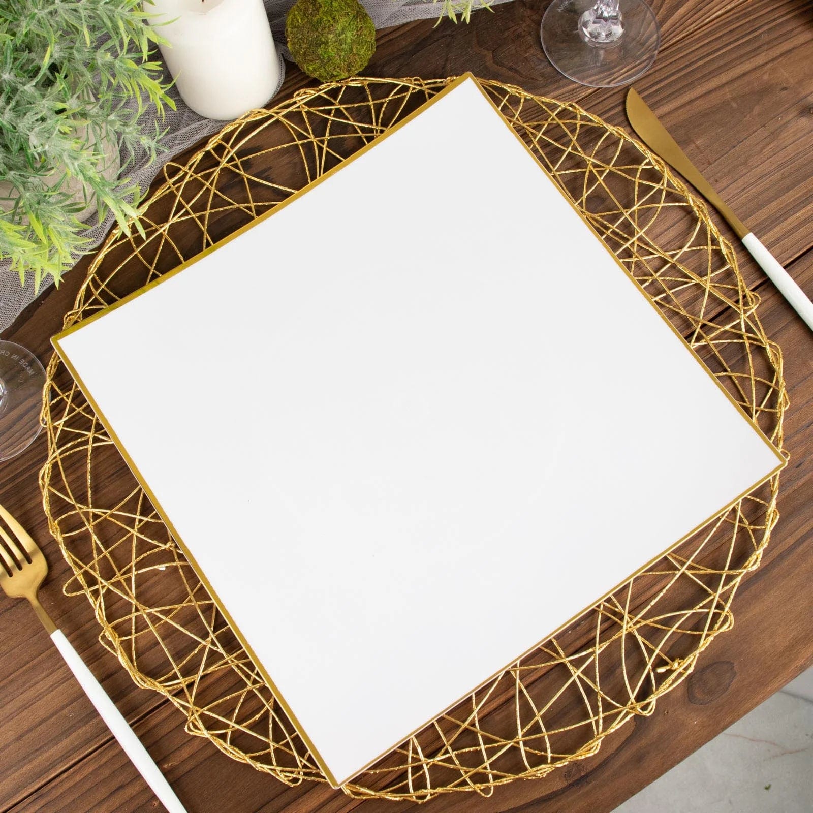 10 Square Concave Plastic Salad and Dinner Plates with Gold Rim - Disposable Tableware