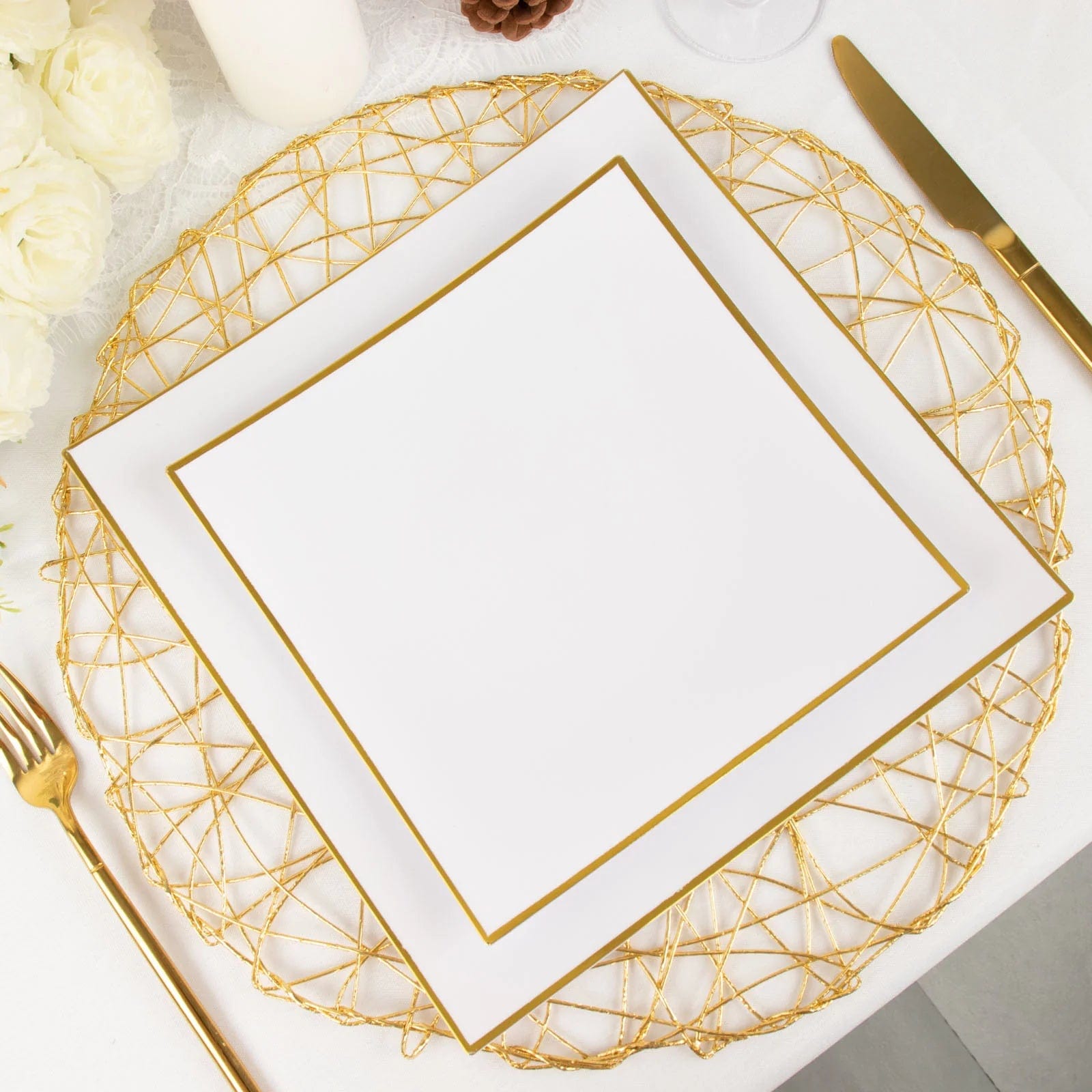 10 Square Concave Plastic Salad and Dinner Plates with Gold Rim - Disposable Tableware
