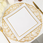 10 Square Concave Plastic Salad and Dinner Plates with Gold Rim - Disposable Tableware