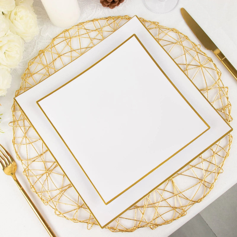 10 Square Concave Plastic Salad and Dinner Plates with Gold Rim - Disposable Tableware