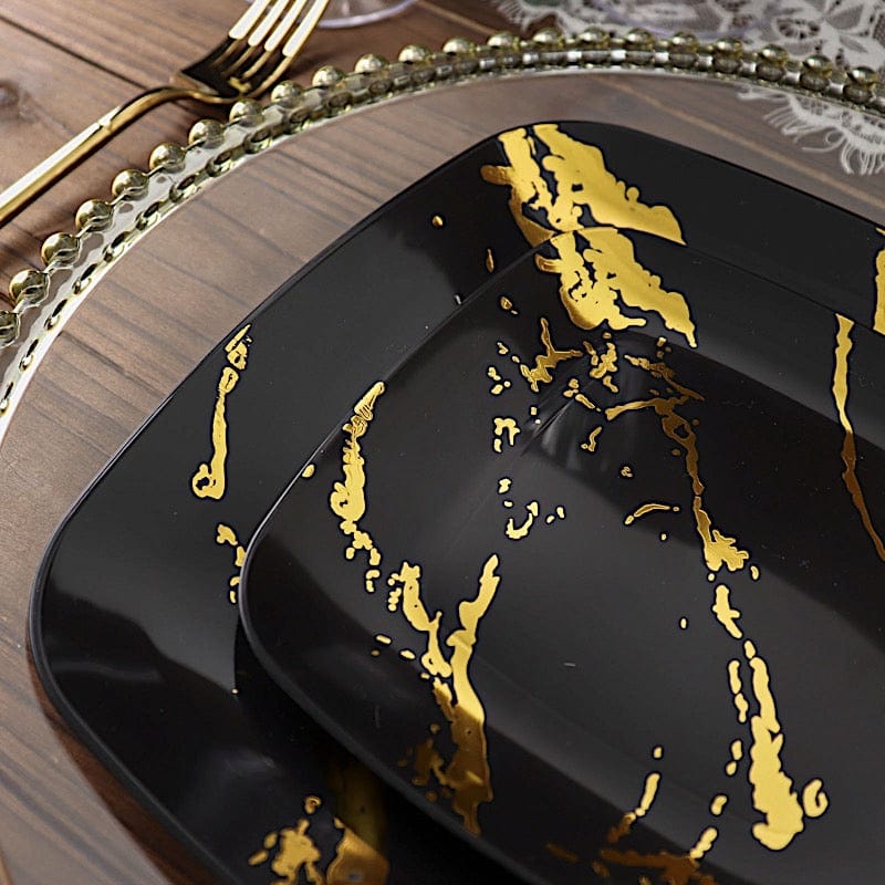 10 Square Metallic Marble Plastic Salad and Dinner Plates - Disposable Tableware