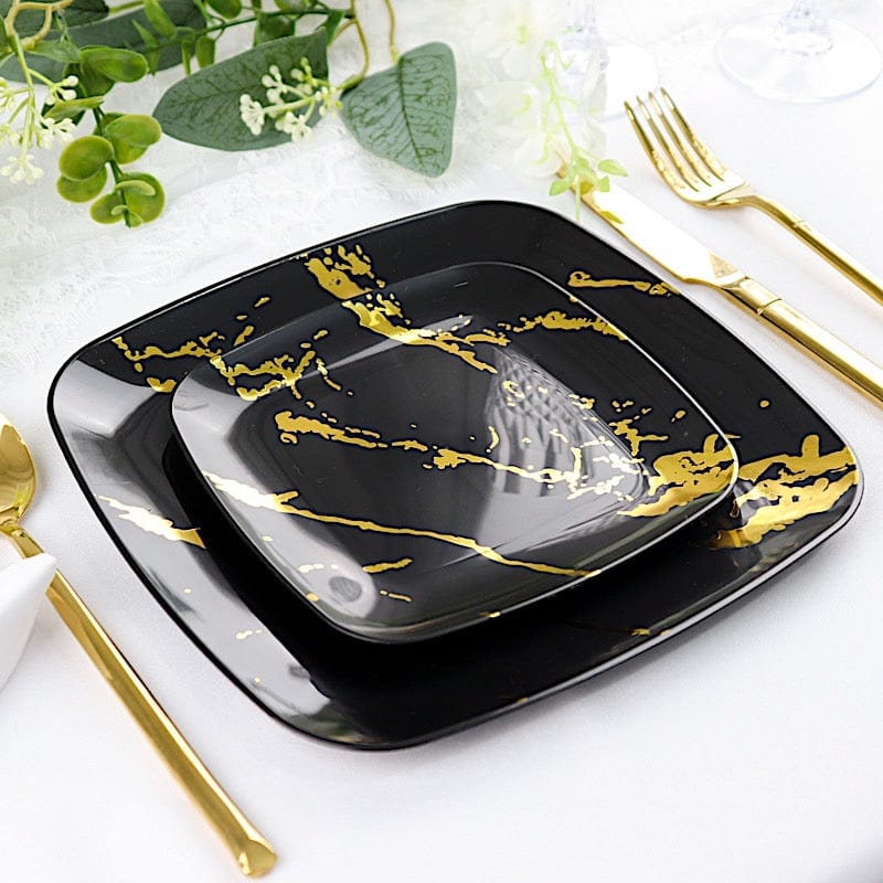 10 Square Metallic Marble Plastic Salad and Dinner Plates - Disposable Tableware