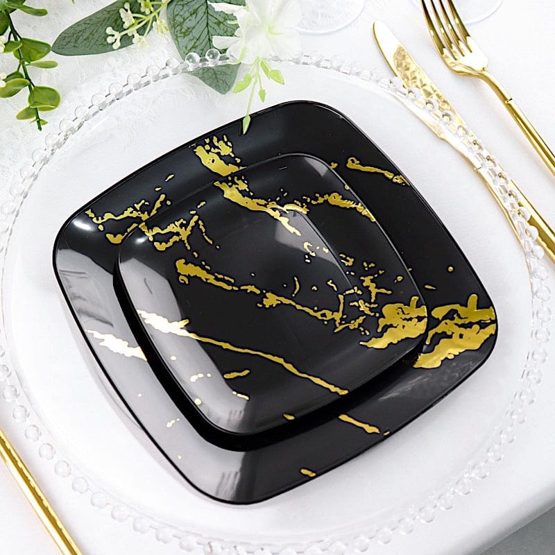 10 Square Metallic Marble Plastic Salad and Dinner Plates - Disposable Tableware
