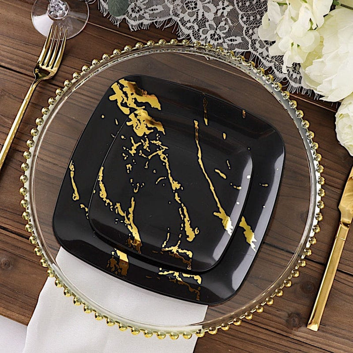 10 Square Metallic Marble Plastic Salad and Dinner Plates - Disposable Tableware