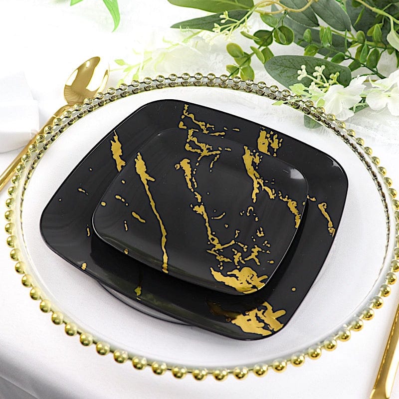 10 Square Metallic Marble Plastic Salad and Dinner Plates - Disposable Tableware
