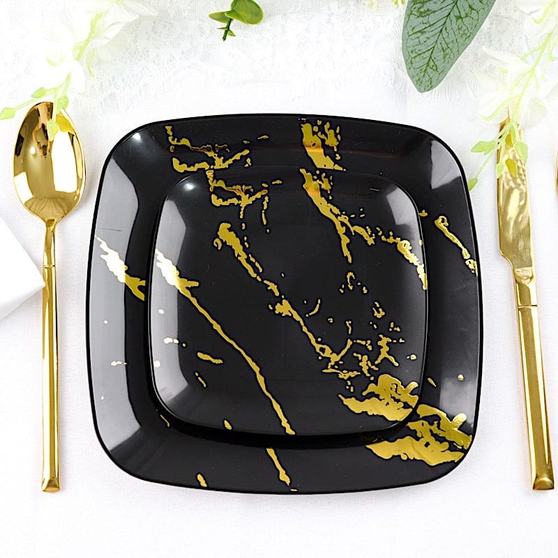 10 Square Metallic Marble Plastic Salad and Dinner Plates - Disposable Tableware