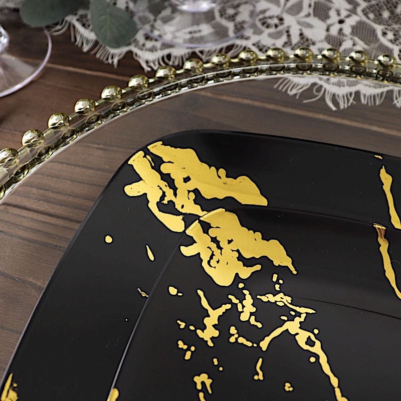 10 Square Metallic Marble Plastic Salad and Dinner Plates - Disposable Tableware