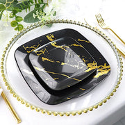 10 Square Metallic Marble Plastic Salad and Dinner Plates - Disposable Tableware