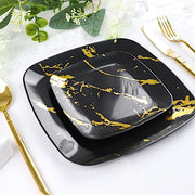 10 Square Metallic Marble Plastic Salad and Dinner Plates - Disposable Tableware