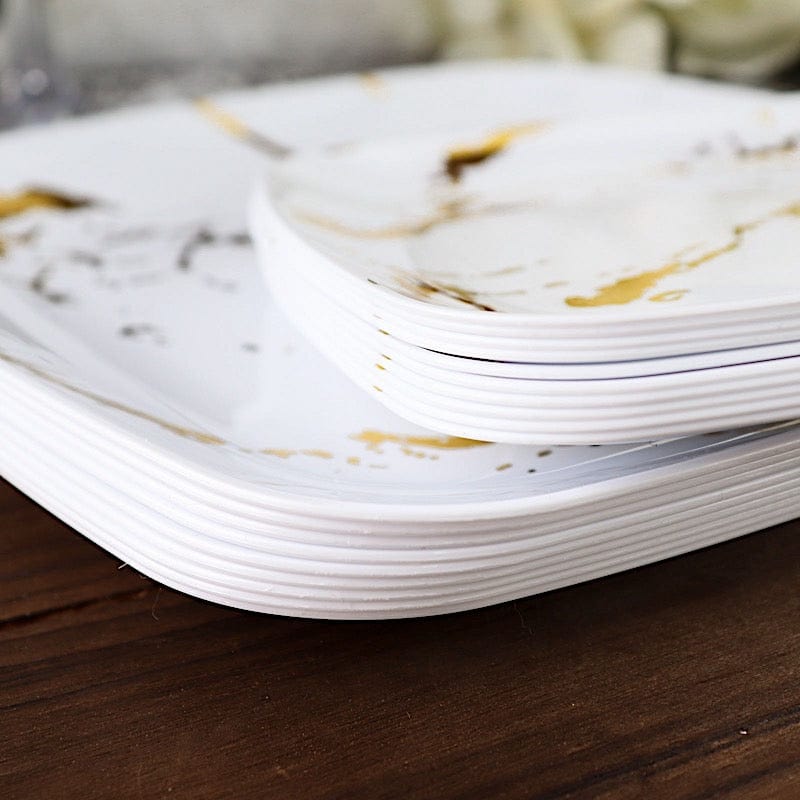 10 Square Metallic Marble Plastic Salad and Dinner Plates - Disposable Tableware